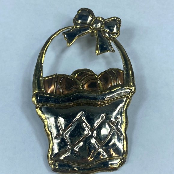 Easter Basket Jewelry Pin Brooch Silver Gold Color Metal Bow Eggs Handle Holiday - Picture 2 of 16